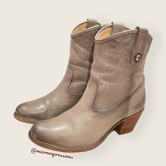 Frye Jackie Button Short Grey Real Leather Zip Up Round Toe Heeled Ankle Bootie - Picture 6 of 12
